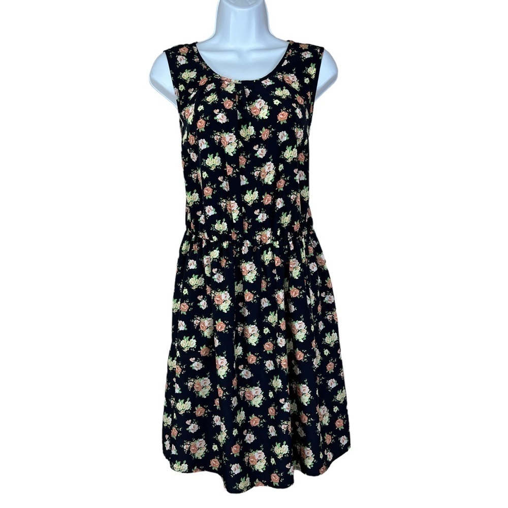 XL Juniors Dark Blue Floral Sleeveless Lightweight Dress Colorful Elastic Waist